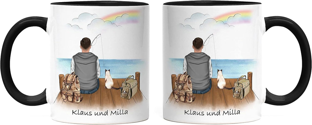 Angler & Hund Tasse Schwarz Personalisiert Individuell mit Name Angeln Fischen Geschenk Opa Vater zu