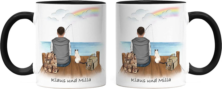 Angler & Hund Tasse Schwarz Personalisiert Individuell mit Name Angeln Fischen Geschenk Opa Vater zu