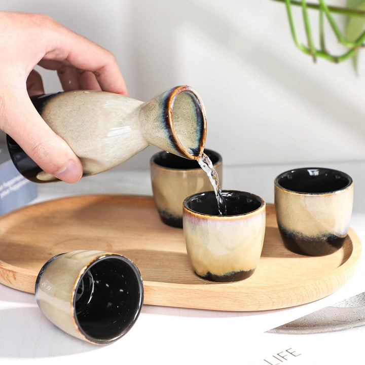 Keramik Sake Satz für Wärmeren Liquor Sake Set 1 Sake-topf mit 4 Sake Becher (Gelb Schwarz), Gelb Sc
