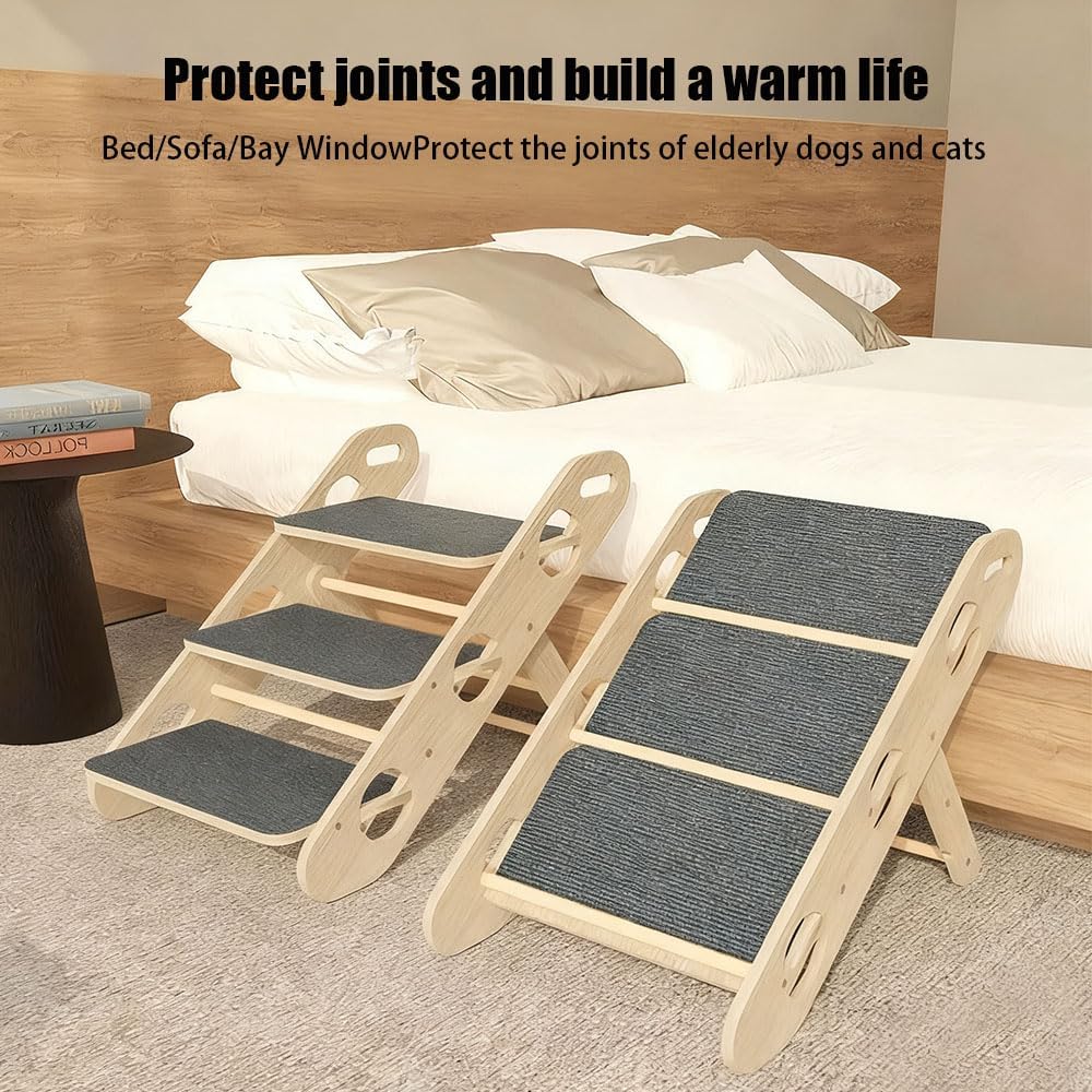 Faltbare Hundetreppe,Hunde Rampe Für Das Bett,2-In-1 Klappbare Hölzerne Hunderampe Mit 3 Stufen,Lang