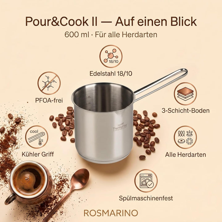 ROSMARINO Edelstahl-Induktions-Mokka-Kanne 785 ml - model 2025 - Moderne Türkische Cezve-Kaffeekanne