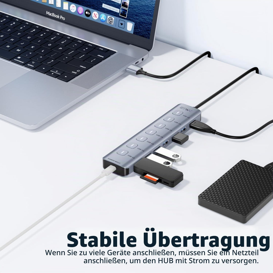 JESWO 7-Port USB 3.0 Hub mit individuellen Schaltern &amp; LED-Anzeigen, Aluminium USB Verteiler 5Gbps,