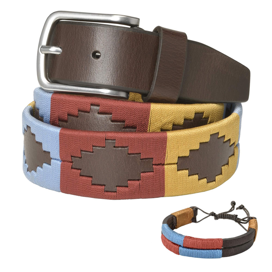 PELPE Argentinischer Ledergürtel mit passender Schnur und Lederarmband. Auf Leder gestickter Gürtel