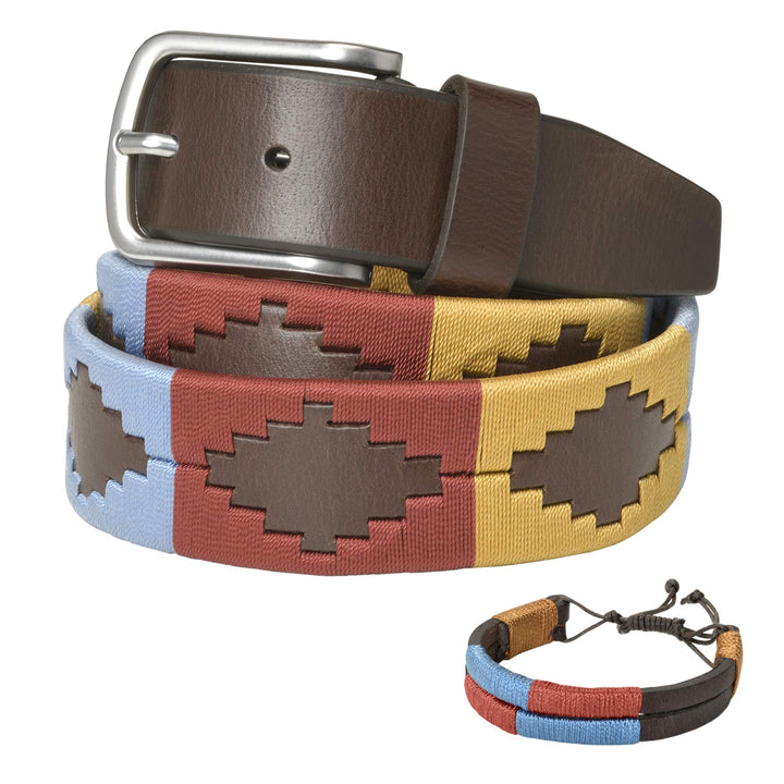 PELPE Argentinischer Ledergürtel mit passender Schnur und Lederarmband. Auf Leder gestickter Gürtel