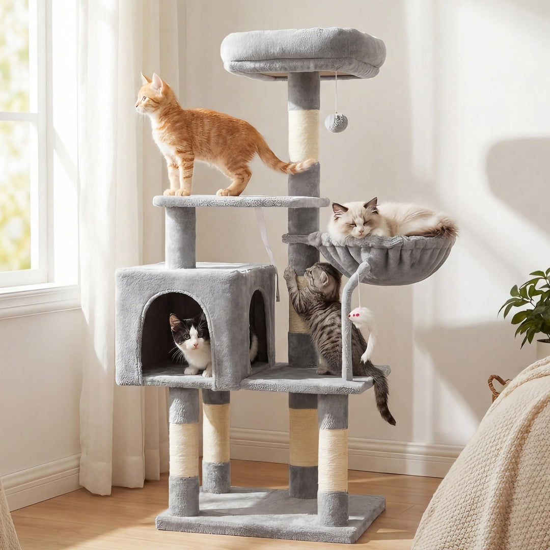 Hey-brother Kratzbaum, 111 cm Katzenbaum mit Spielzeug, Katzenkratzbaum mit Plattform, Hängematte un