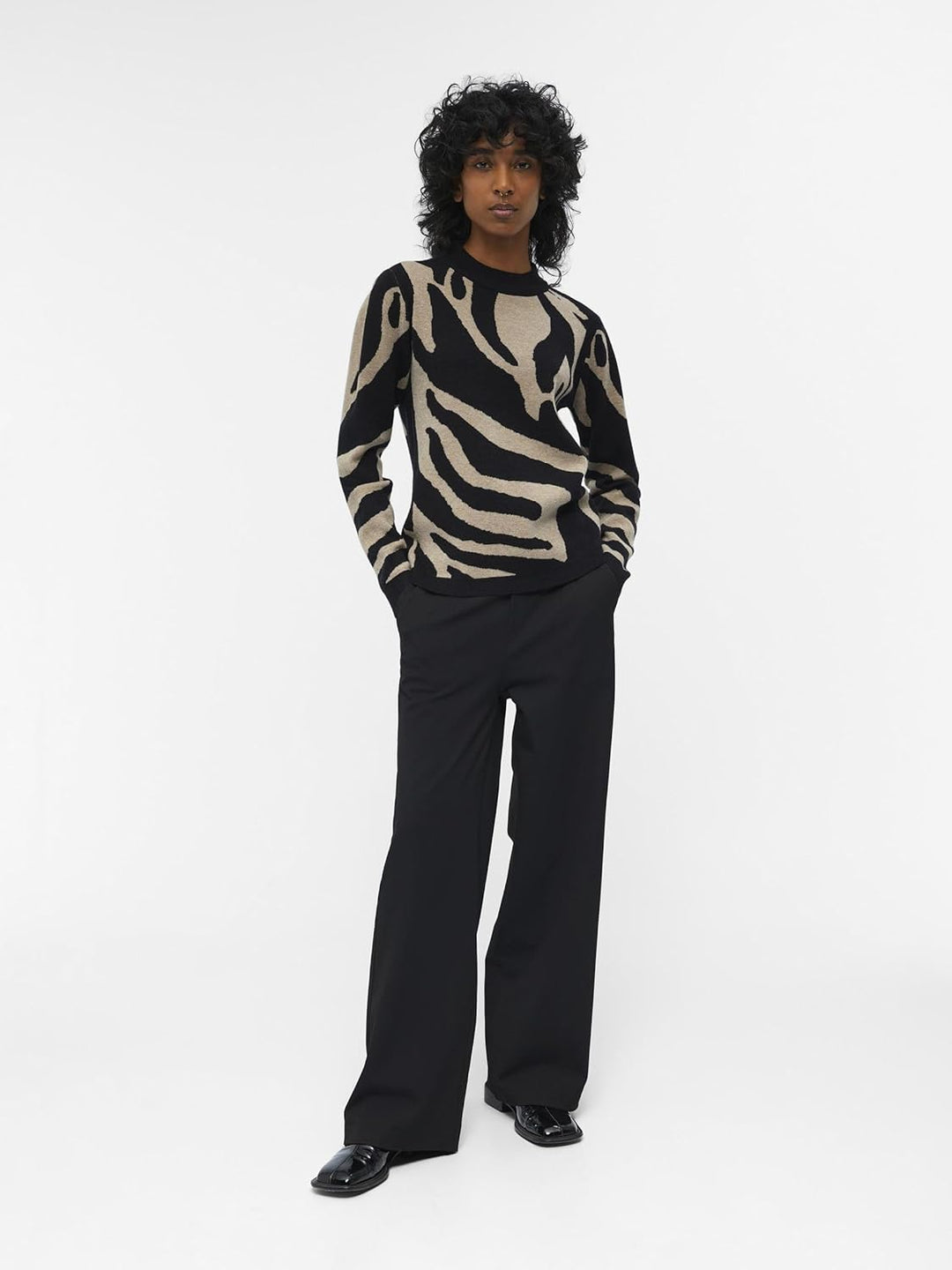 Object Damen Objray L/S Knit Pullover AOP Noos Strickpullover XS Black/Aop:fossil Big Animal Jaquard