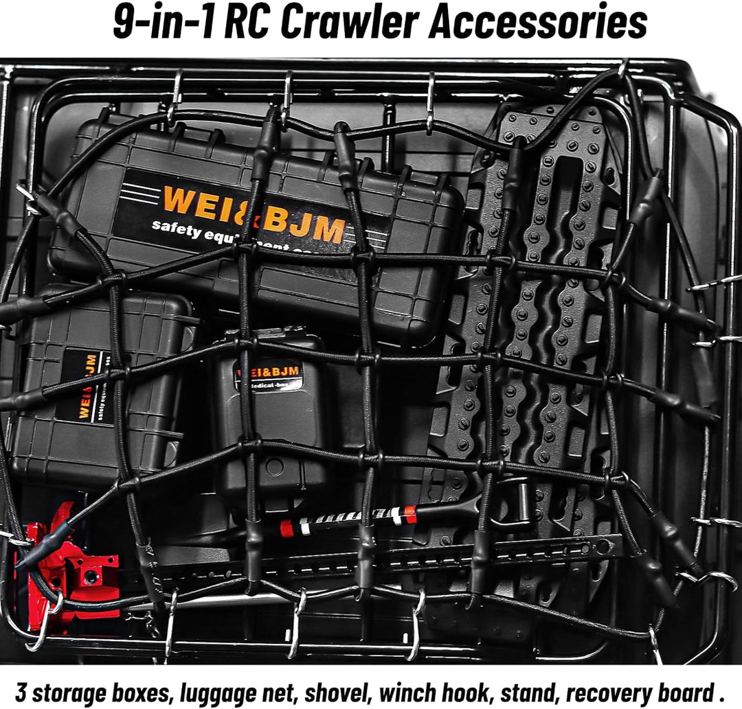RC Crawler Zubehör, 1/10 Truck Dachträger Rc Zubehör Set 9 in 1 Tankaufbewahrungsbox, Gepäcknetz, Sc