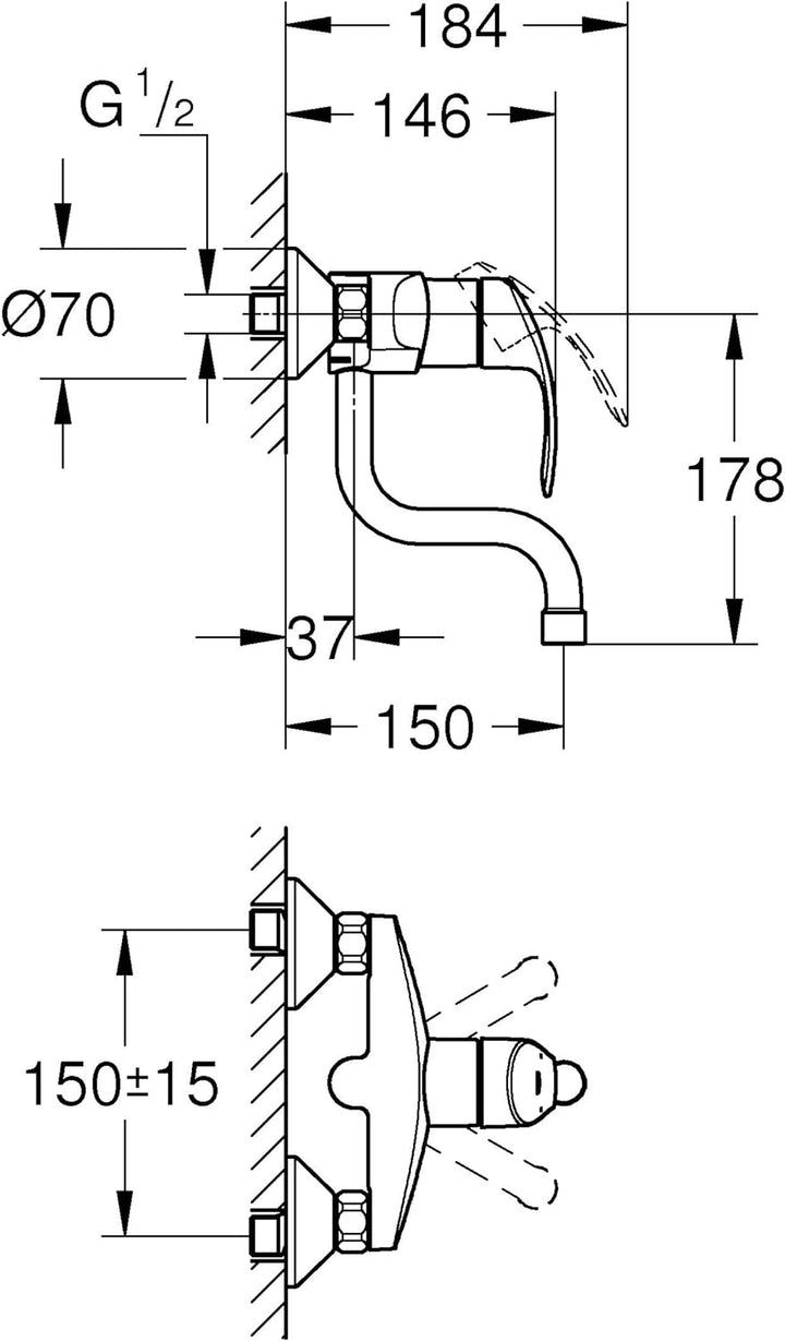 Grohe Eurosmart Einhand-Spültischarmatur, Wandmontage, Ausladung 150 mm, 31509002 Chrom Wandmontage