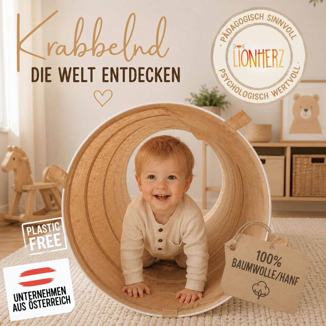 Spieltunnel für Kinder aus Baumwolle/Hanf mit Klettverschlüssen [180cm x 46cm] Krabbeltunnel für Bab