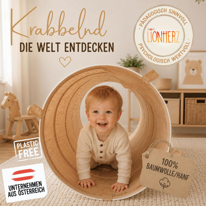 Spieltunnel für Kinder aus Baumwolle/Hanf mit Klettverschlüssen [180cm x 46cm] Krabbeltunnel für Bab