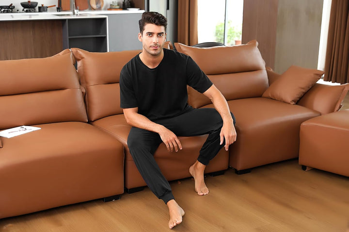 Marvmys Schlafanzughose Herren Lang mit Bündchen Einfarbige Pyjamahose für Männer Schlafhose Haushos