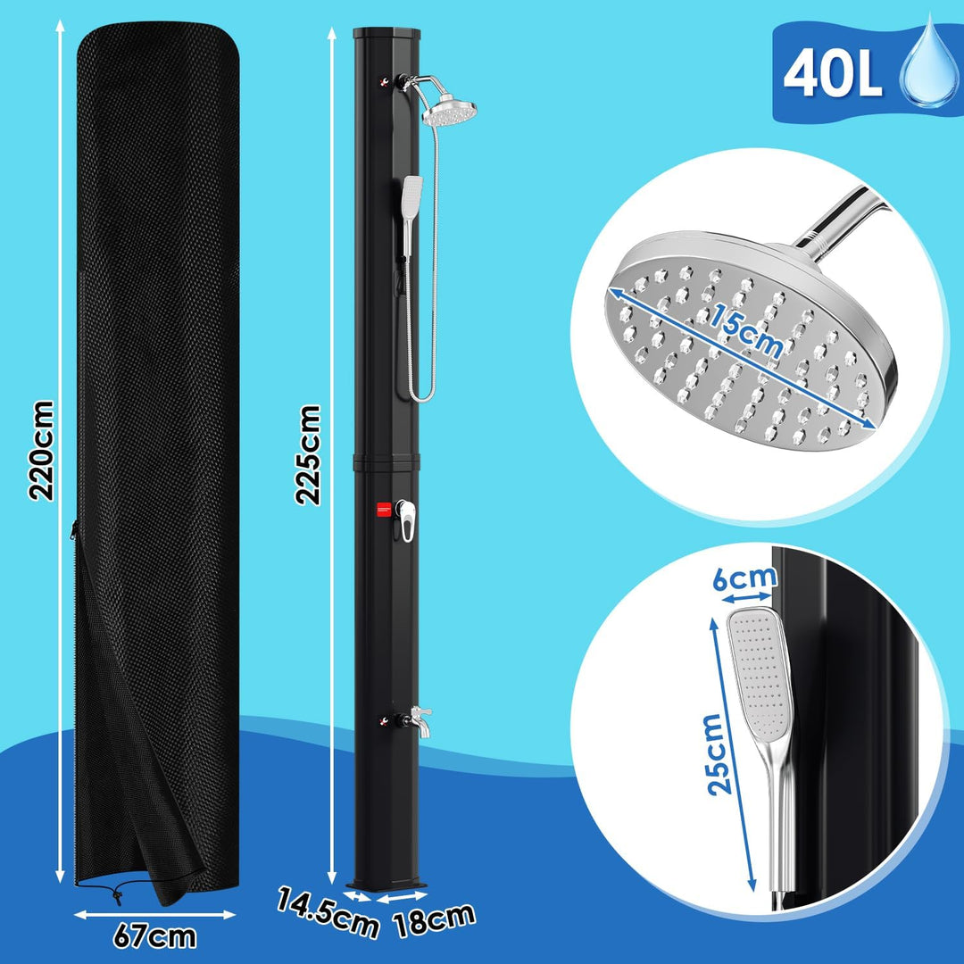 40L Solardusche | Einstellbar Regenduschkopf | Wasserhahn | handbrause | Max. 60℃ | Ohne Stromanschl