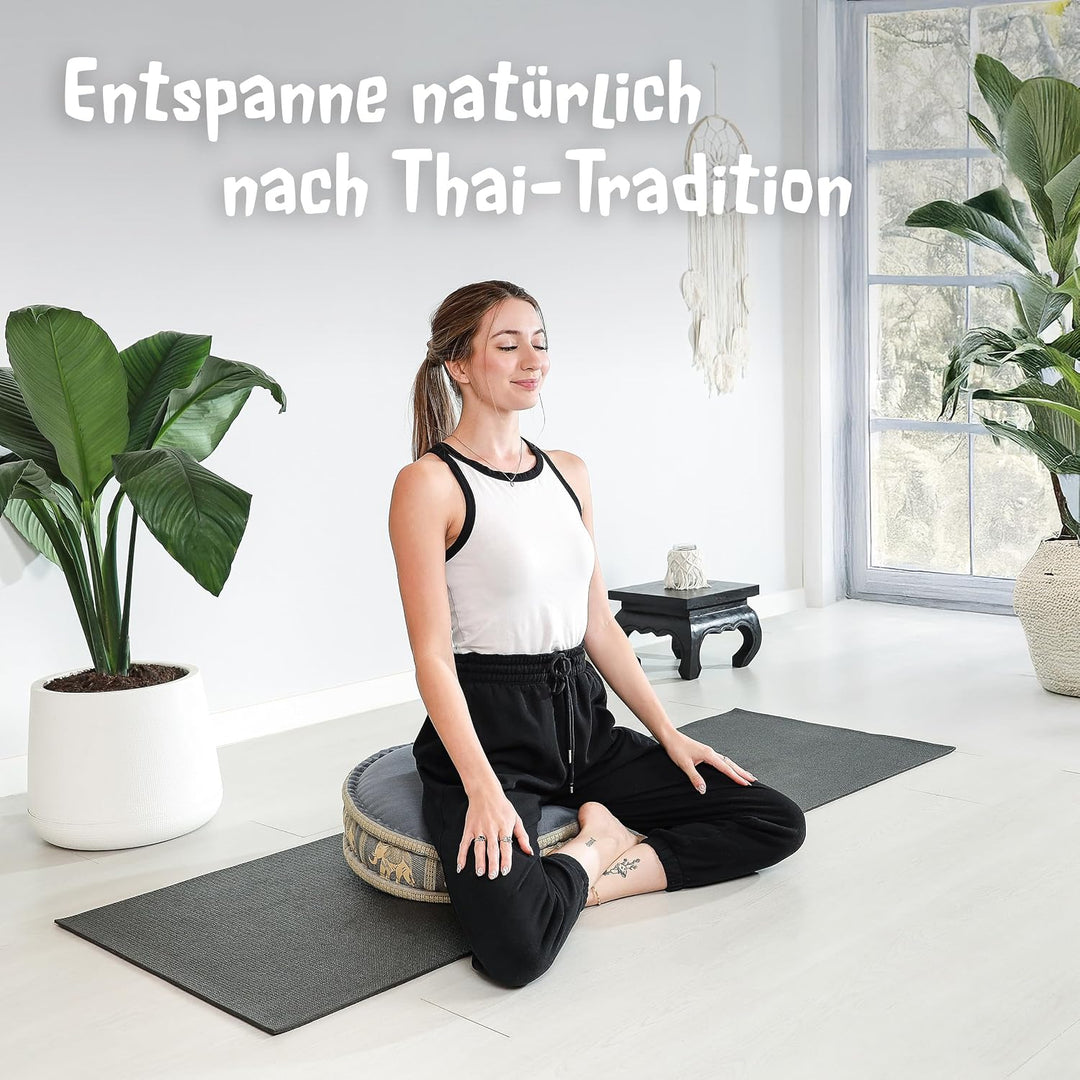 livasia Meditationskissen mit Thaiseide - Ø 45x15cm - Yogakissen mit Kapok, Pouf, Bodenkissen für Yo