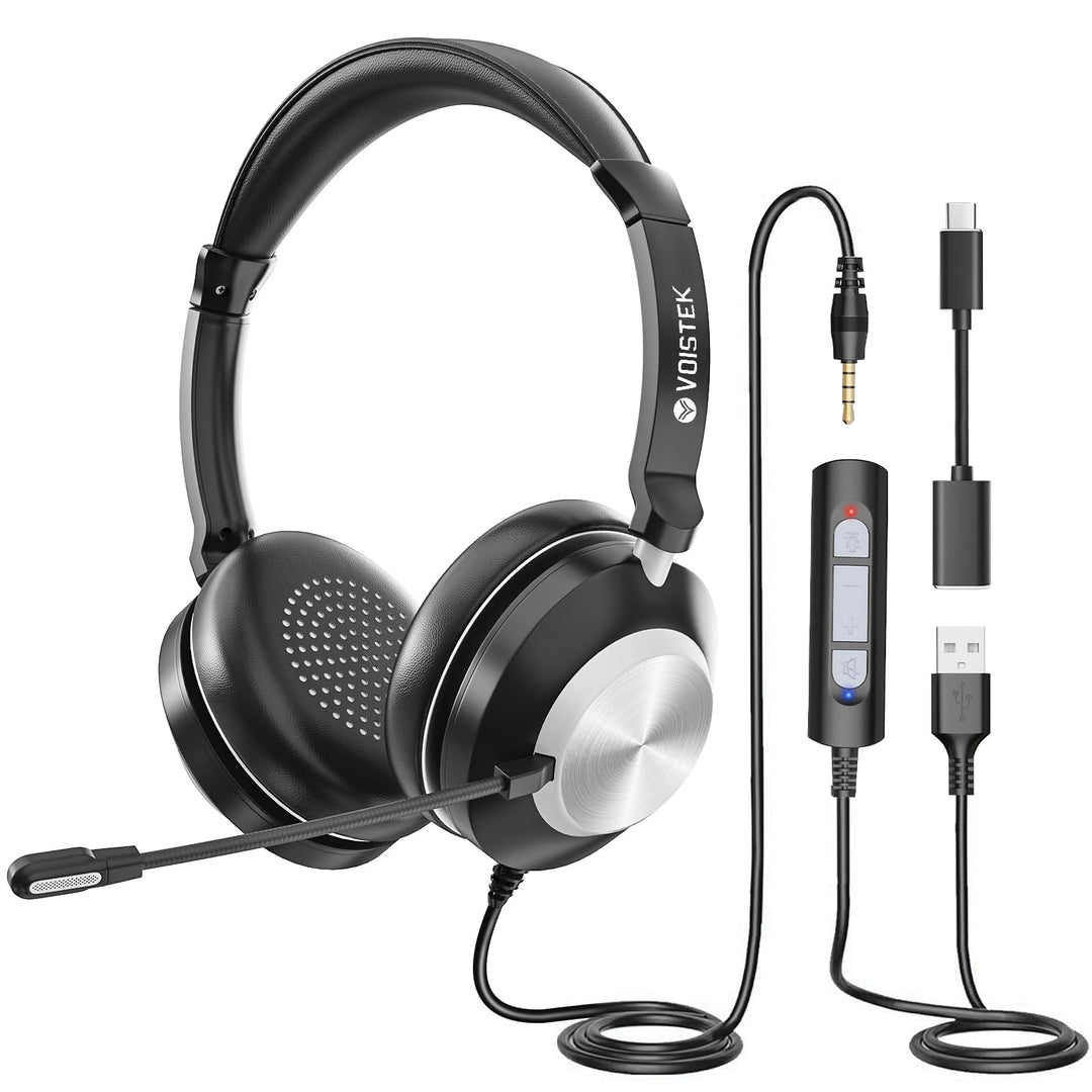 Voistek USB Headset mit Mikrofon für PC Laptop,Typ-C,USB & 3,5mm Klinke 3-in-1 Kabel-Kopfhörer,Geräu