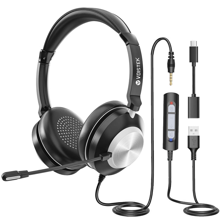Voistek USB Headset mit Mikrofon für PC Laptop,Typ-C,USB & 3,5mm Klinke 3-in-1 Kabel-Kopfhörer,Geräu