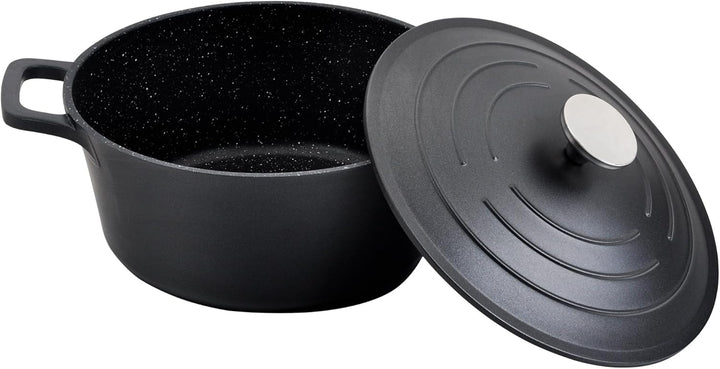 Commichef Runde Kasserolle, Auflaufform, Schwarz, Aluminiumguss, Mit Deckel, 24cm Durchmesser, 5 Lit