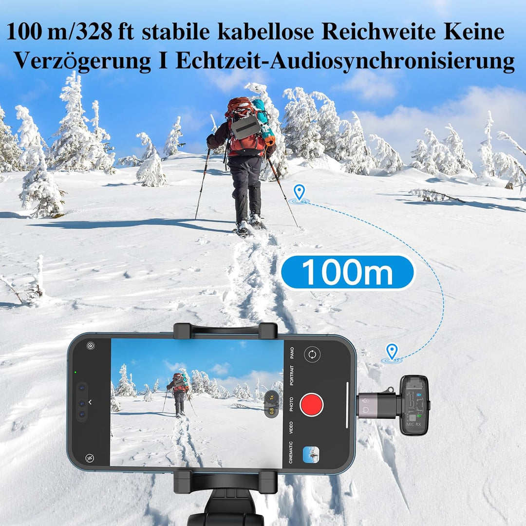Mini-Mikrofon für iPhone Handly Android, Lavalier Mikrofon Kabellos mit 2er-Pack Plug&Play 100m, Rau