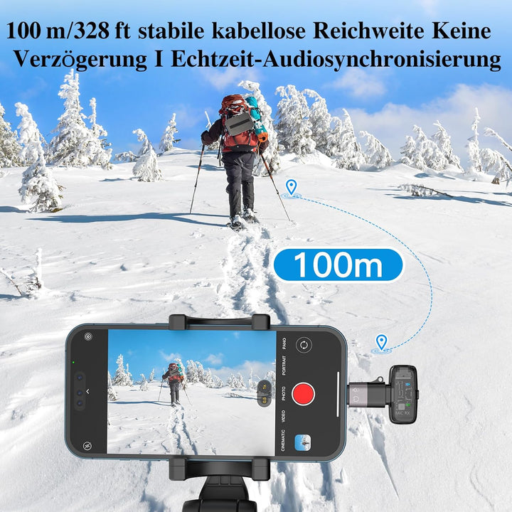 Mini-Mikrofon für iPhone Handly Android, Lavalier Mikrofon Kabellos mit 2er-Pack Plug&Play 100m, Rau