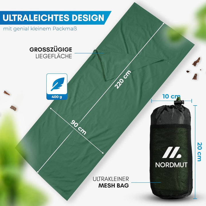 NORDMUT® Hüttenschlafsack Mikrofaser Ultraleicht - Sommerschlafsack Kleines Packmass & Atmungsaktiv