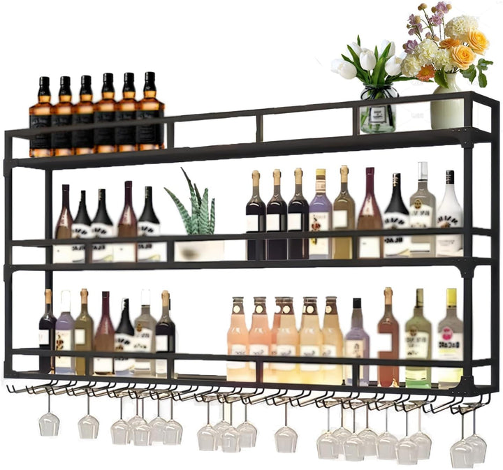 Weinregal Wand, 3 Ebenen Wand-Weinregale mit Glashalter, Multi funktionaler Weinpareite Display Rack