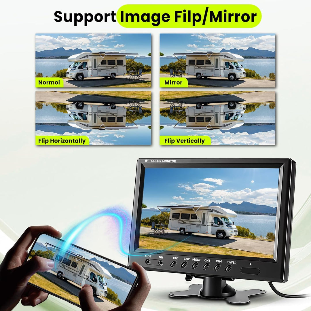 Podofo Vans RV Rückfahrkamera Set, 9 Zoll Monitor 4 Kameras, 4-Geteiltes Display 4-Kanal Video, IP68