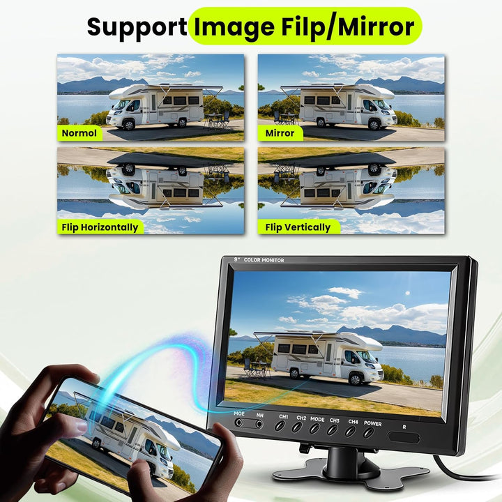 Podofo Vans RV Rückfahrkamera Set, 9 Zoll Monitor 4 Kameras, 4-Geteiltes Display 4-Kanal Video, IP68