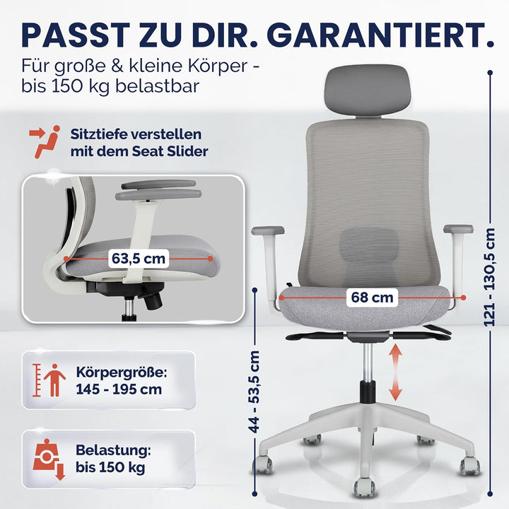 SCHEKKA® Ergonomischer Bürostuhl [verstellbare Lordosenstütze] 3D-Armlehnen | Atmungsaktives Mesh |