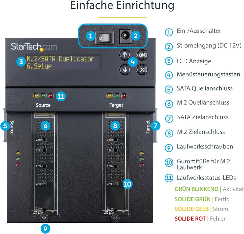 StarTech.com Selbständiger M.2 SATA & M.2 NVMe Duplikator und Löscher - SATA/SSD Festplatten klonen/