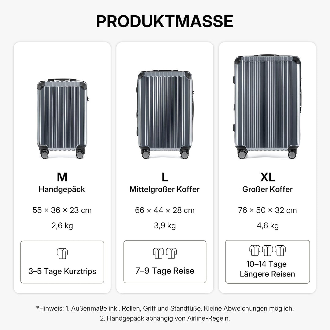 M816 TSA-Schloss Koffer Reisekoffer Trolley Kofferset Hardschale Boardcase (Grey, 3tlg. Kofferset) G