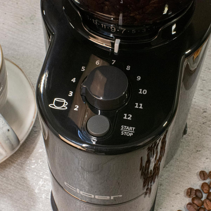 Cloer 7520 Elektrische Kaffeemühle mit Kegelmahlwerk aus Edelstahl, 2-12 Tassen, 300 g Kaffeebohnen,