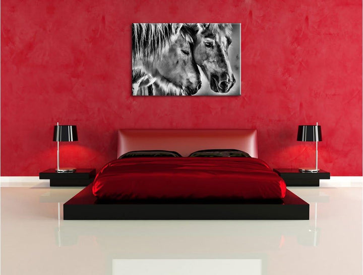 Pixxprint Monocrome, Zwei liebevolle Pferde, Format: 100x70 auf Leinwand, 100x70
