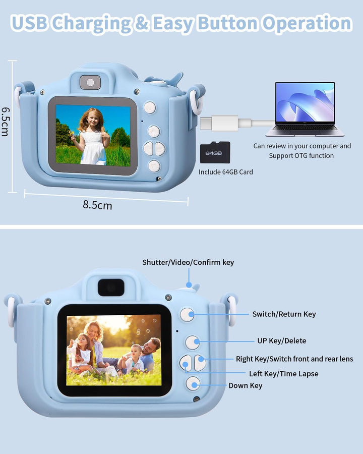 Kinderkamera,Kinder Kamera 1080P Bildschirm Kamera mit 64GB-Karte Selfie Digitalkamera Kinder Fotoap