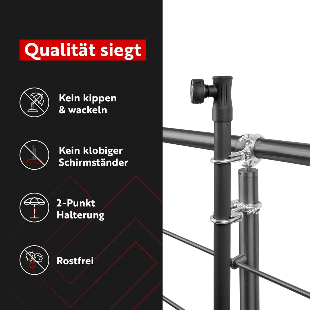 STORM-PROOF Sonnenschirmhalter für runde Geländer - Zwei-Punkt-Befestigung aus Stahl (Schirmstock Du