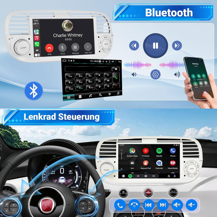 ESSGOO 4+64G Wireless Autoradio mit Carplay und Android Auto Für FIAT 500 2007-2015, Android 14 Auto