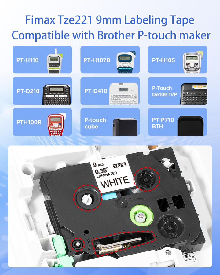 Fimax Kompatibel Schriftband TZe-221 Ersatz für Brother P-Touch Bänder 9mm TZe221 Tz-221 Etikettenba