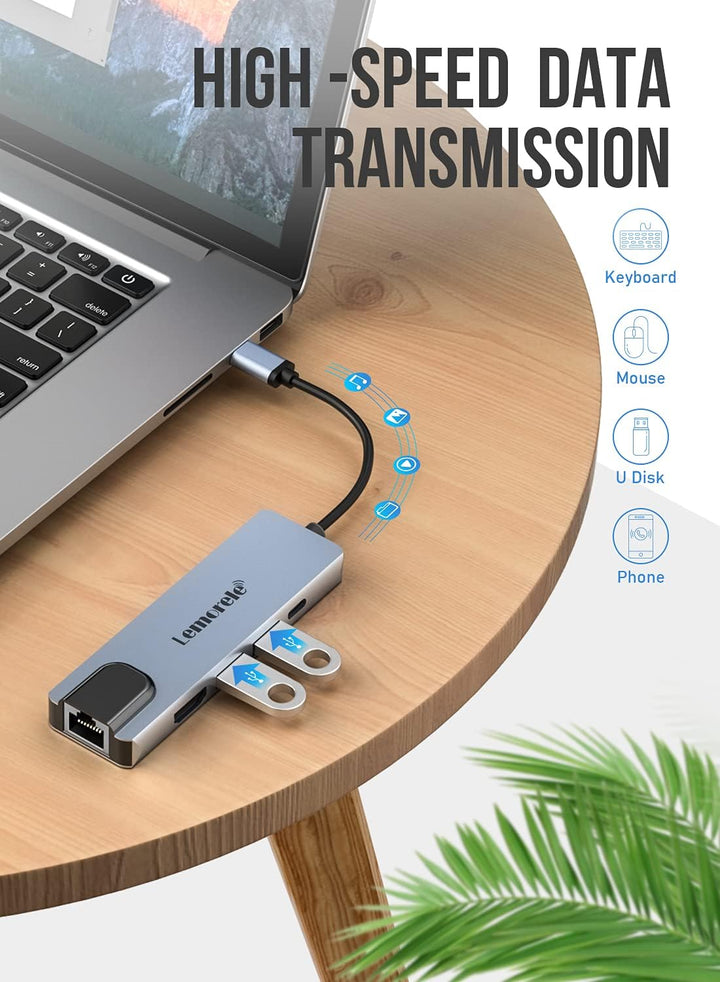 Lemorele USB C Hub (5 in 1 - Upgraded), USB C Multiport Adapter mit HDMI 4K, LAN RJ45 Ethernet, 2 US