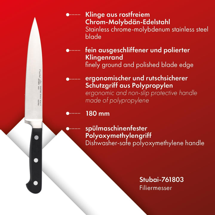 STUBAI Filiermesser flexibel | 180 mm | Filetiermesser, Fleischermesser aus Edelstahl für Schneiden