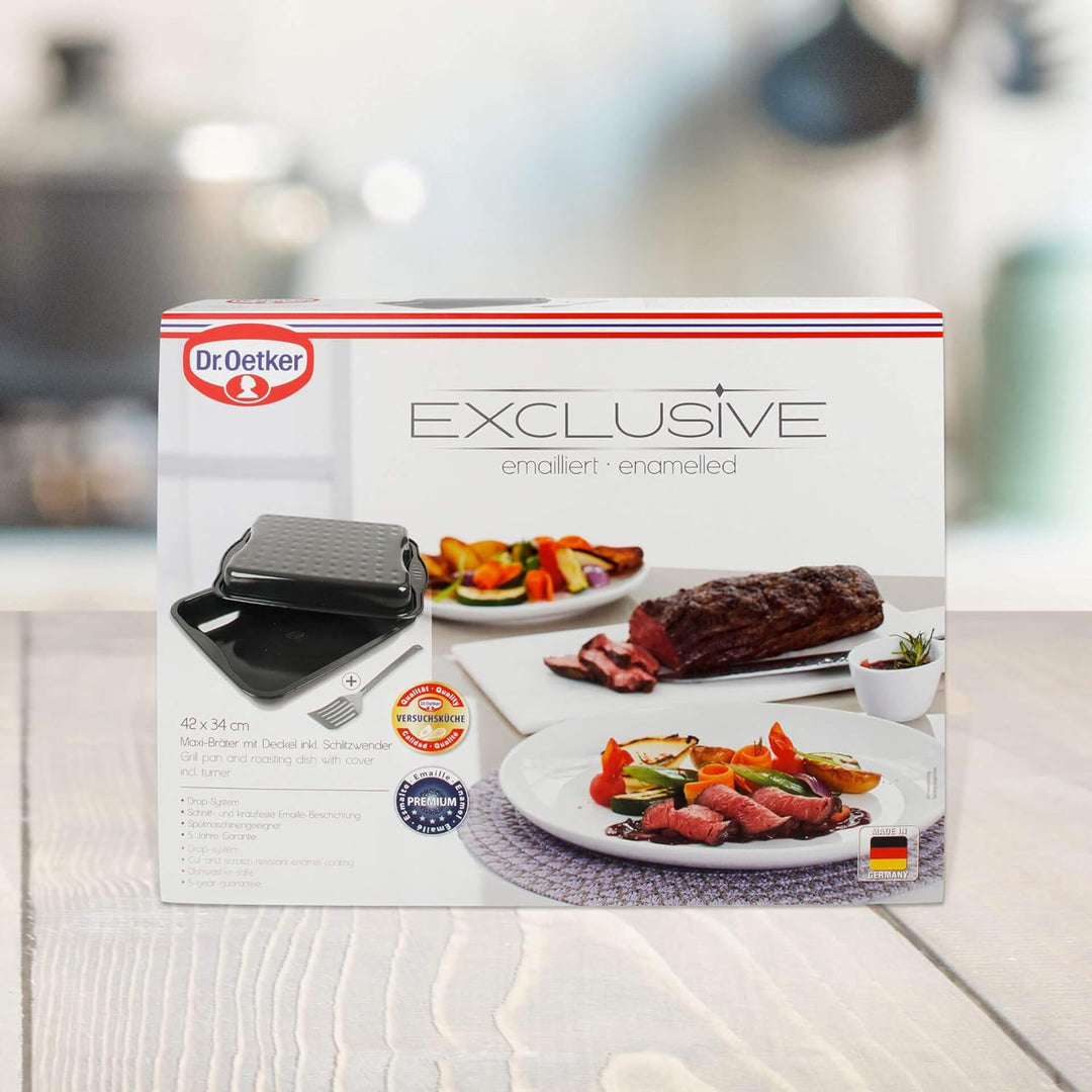 Dr. Oetker Maxi-Bräter mit Deckel &amp; Schlitzwender EXCLUSIVE, hochwertige Auflaufform aus Stahlblech,