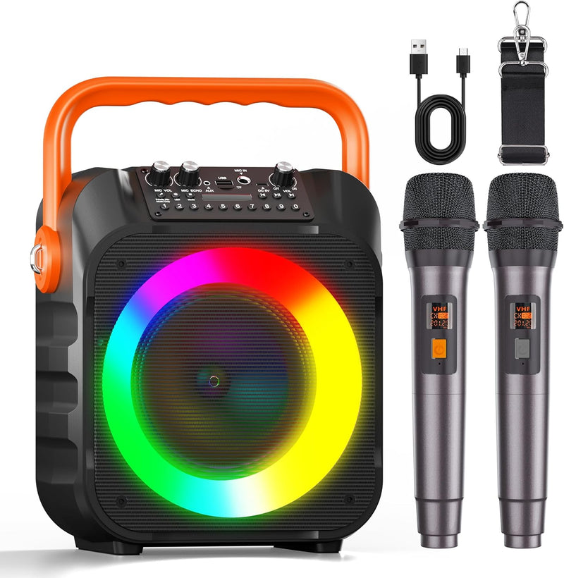 Wowstar Karaoke Maschine mit 2 Kabellose Mikrofone, Tragbare Bluetooth Lautsprecher Box für Erwachse