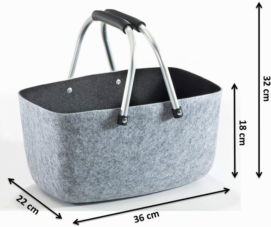 Kobolo Filzkorb grau-schwarz mit Aluhenkeln, 36x22x18 cm, Filztasche, Einkaufskorb, Tragekorb robust