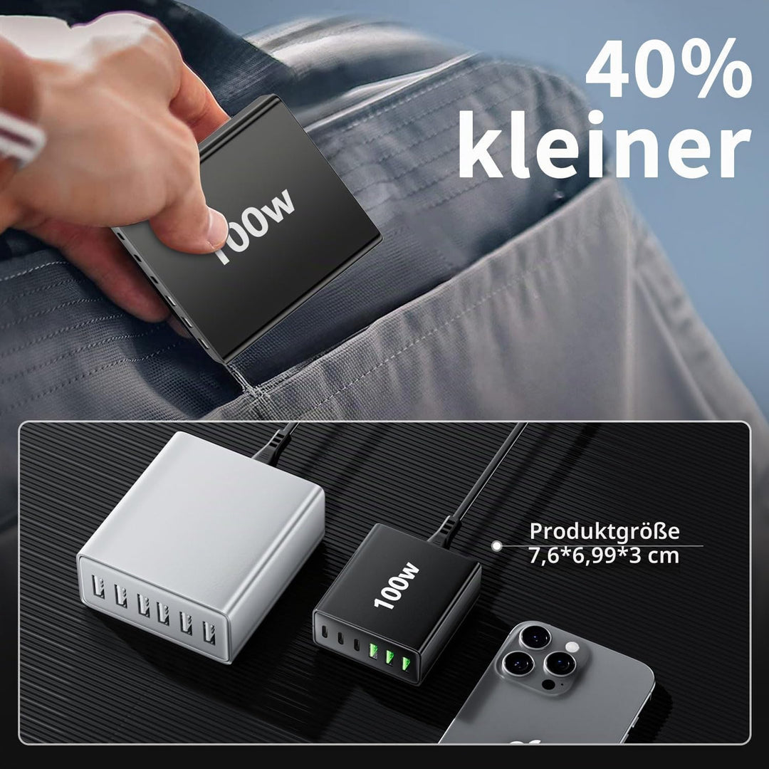 USB C Ladegerät Mehrfach: 100W 6-Port Schnellladegerät mit USB-C und USB-A, Tragbarer netzteil für i