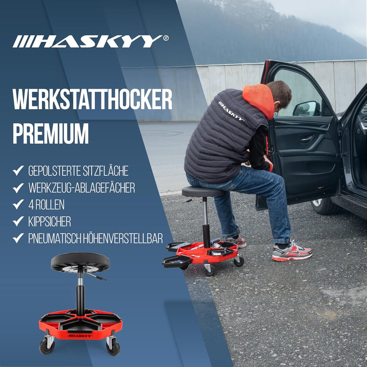 HASKYY Werkstatthocker Arbeitshocker Praxishocker 43-58cm - Bis 150kg belastbar - Gepolsterter Werks