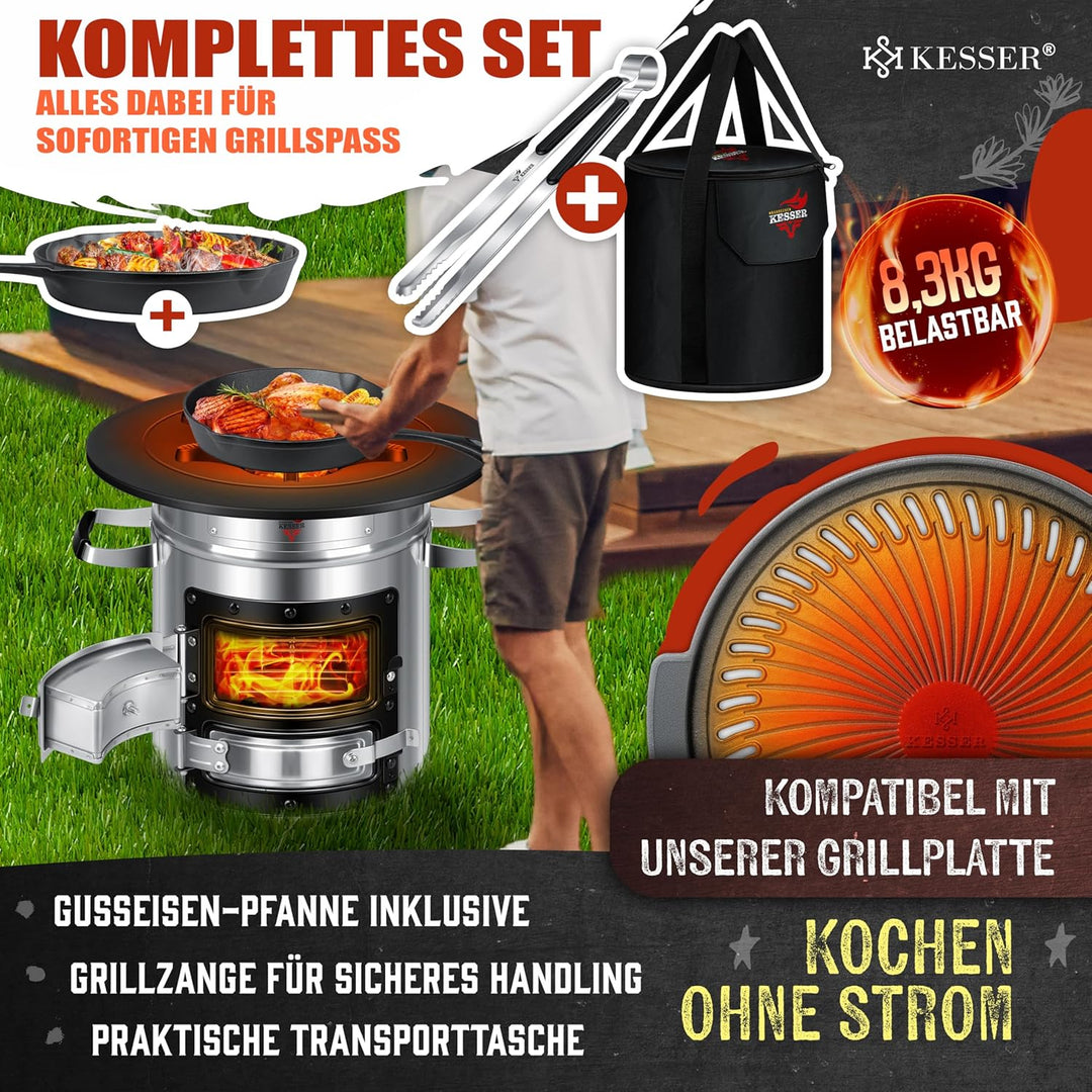 KESSER® Raketenofen mit Grillpfanne aus Gusseisen | inkl. Grillzange & Tragetasche | Dutch Oven 6 in