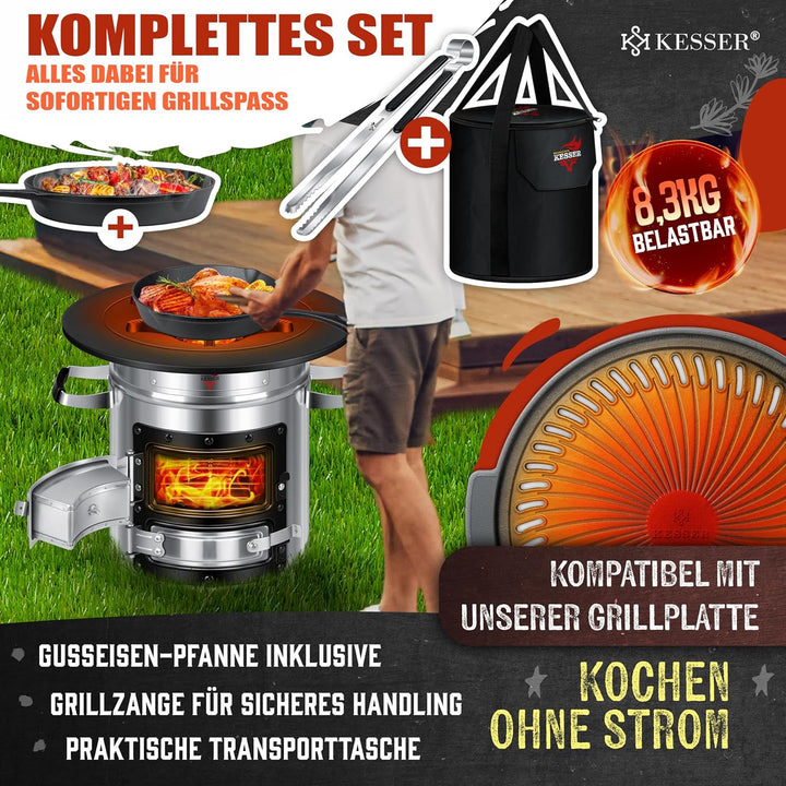 KESSER® Raketenofen mit Grillpfanne aus Gusseisen | inkl. Grillzange & Tragetasche | Dutch Oven 6 in
