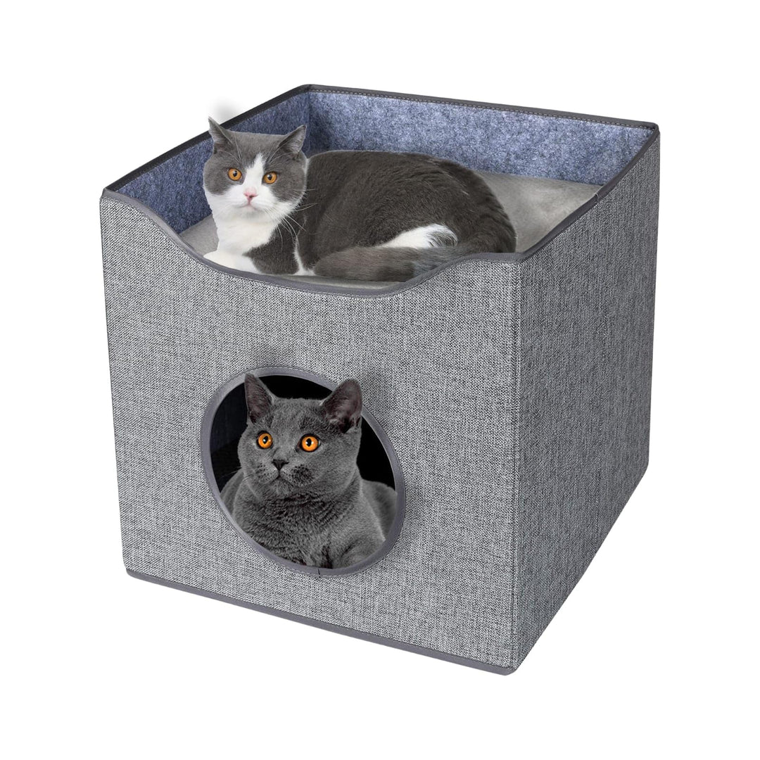 Hausleben Stilvolles Katzenhaus Grau – 40×38×40 cm – inkl. 2 Matratzen & Liegefläche auf dem Dach –