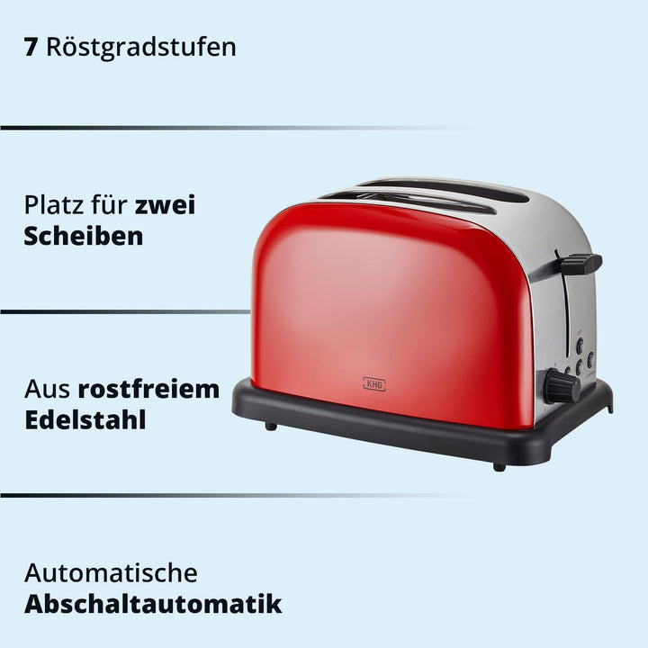 KHG Edelstahl Toaster mit Brötchenaufsatz, 2 Scheiben | 6 Bräunungsstufen mit Bräunungskontrolle, Kr