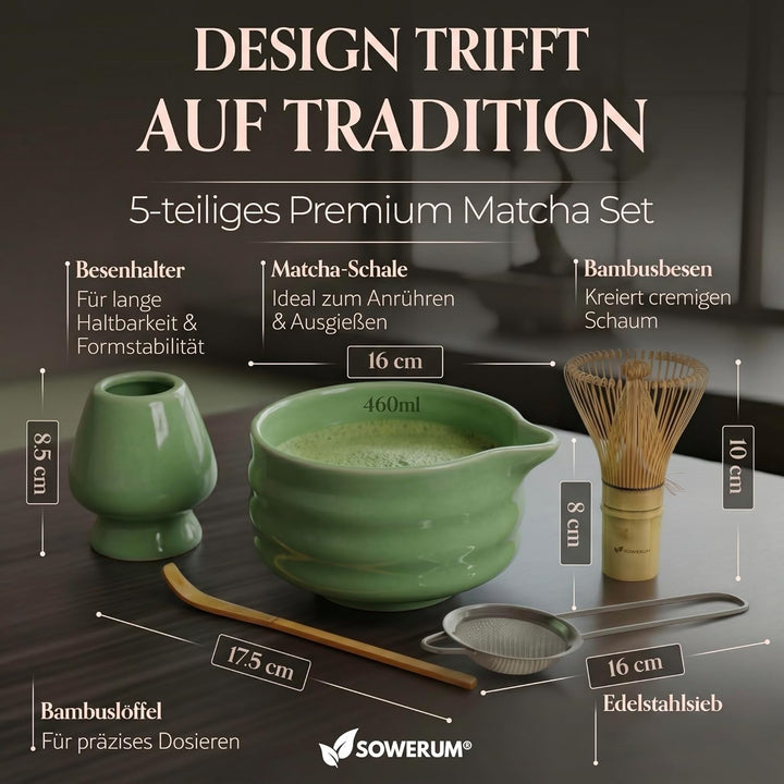 Matcha Set 5-teilig – Matcha Zeremonie Set mit Schale, Bambusbesen, Halter, Sieb & Löffel – Japanisc