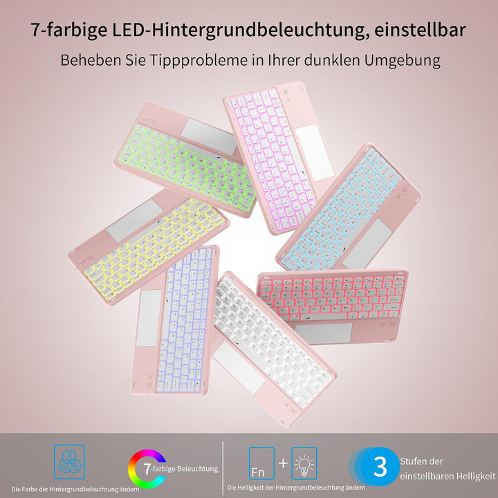 Hülle mit Tastatur für iPad A16 11/10 Generation mit Touchpad, Rosa | 360° Hülle mit Standfunktion,