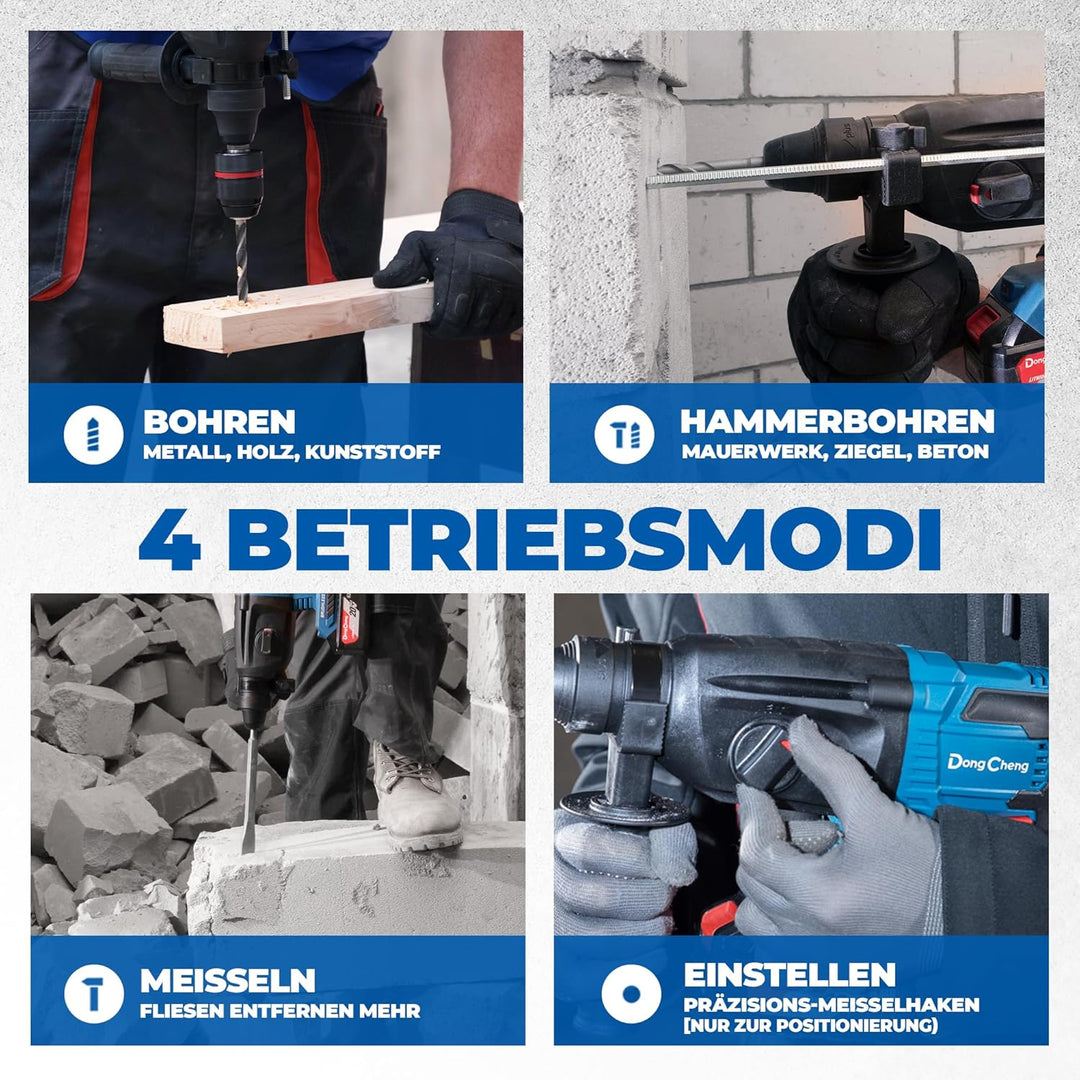DongCheng Akku Bohrhammer 18V, Schlagenergie 2.7 J, mit 4 Stück SDS-plus, Bohren bis 28 mm, Bürstenl
