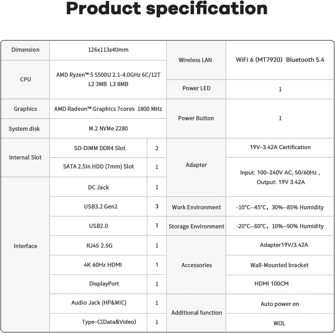 Beelink SER5 Pro Mini PC, AMD Ryzen 7 5800H (8C/16T, bis 4.4 GHz), 16GB DDR4 RAM 500GB NVMe SSD Mini